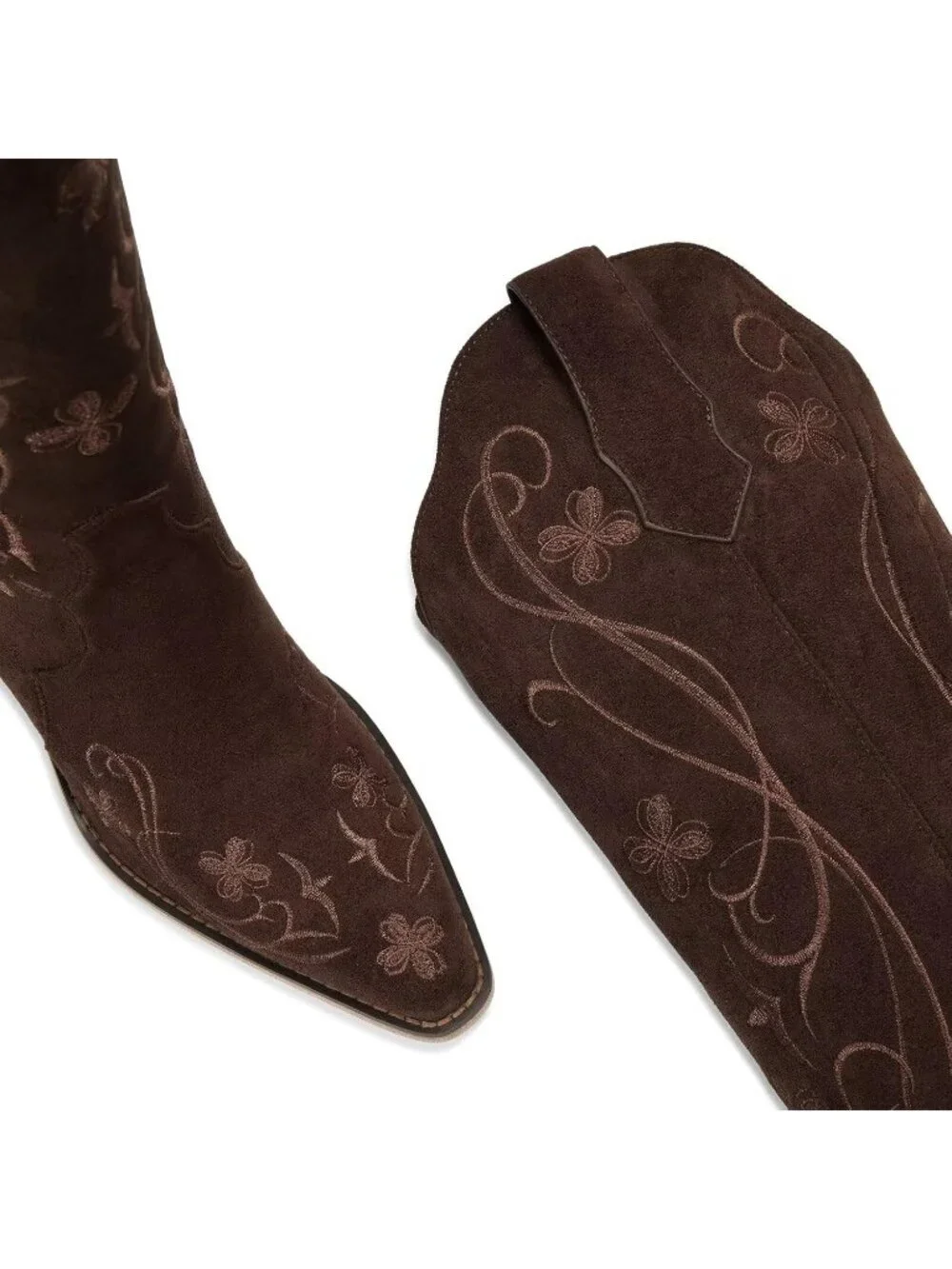 Women's Chocolate Floral Knee High Cowgirl Boots Embroidered Pointed Chunky Heel